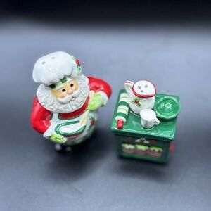 Fitz and Floyd Salt And Pepper Shakers Festive Santa with Green accents
